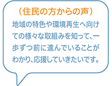 （住民の方からの声）地域の特色や環境再生へ向けての様々な取組みを知って、一歩ずつ前に進んでいることがわかり、応援していきたいです。